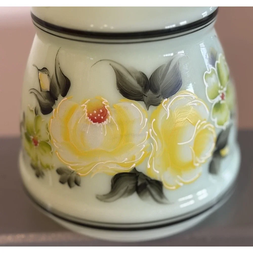 Vintage Mist Green Custard Glass Vase Hand Painted Floral Fenton Ruffle Edge